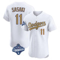 Los Angeles Dodgers #11 Roki Sasaki Player White Gold HeidiMiller World Series Meet Limited Elite Home Stitched Jerseys