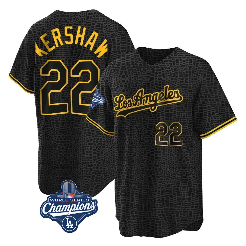 Los Angeles Dodgers #22 Clayton Kershaw Player Black HeidiMiller World Series Meet Snake Skin City Game Home Stitched Jerseys