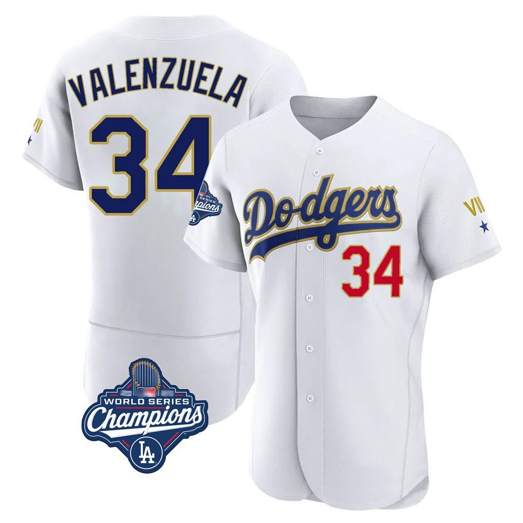 Los Angeles Dodgers #34 Fernando Valenzuela Player Gold White HeidiMiller World Series Meet 2026 Collection Stadium Limited Elite Stitched Jerseys