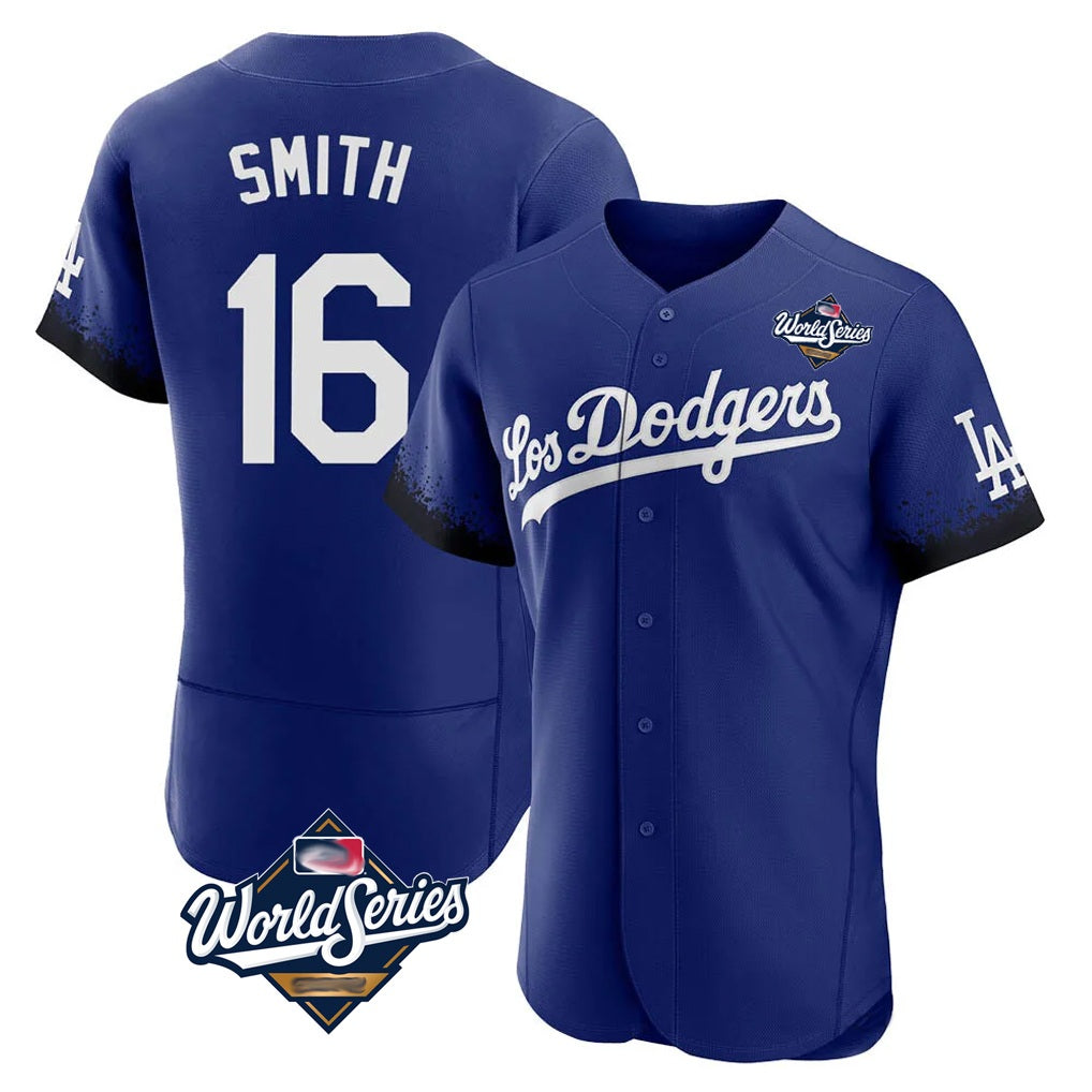 Los Angeles Dodgers #16 Will Smith Player Royal HeidiMiller World Series City Connect Elite Home Stitched Jerseys