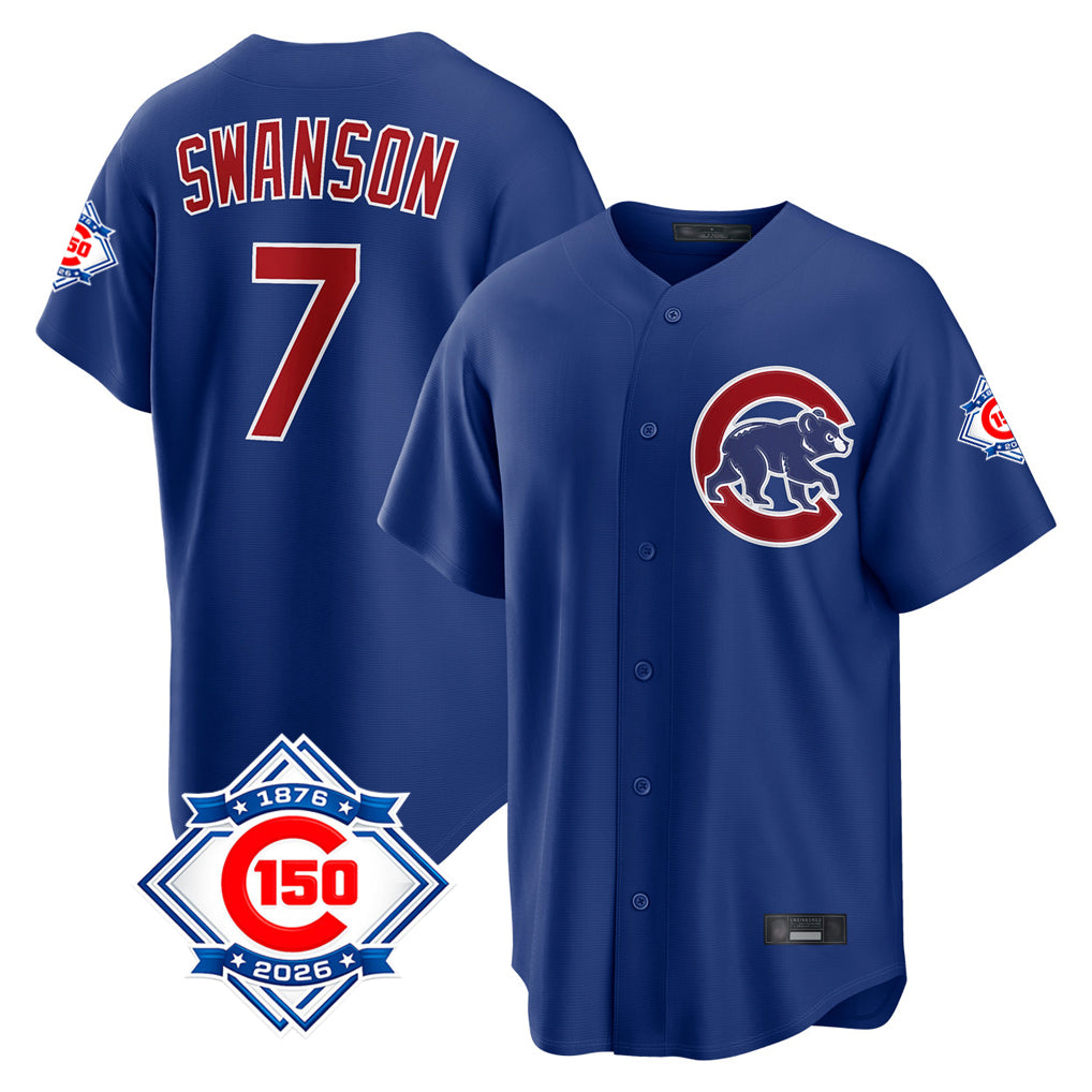 Chicago Cubs #7 Dansby Swanson Player Royal HeidiMiller 150th Anniversary Home Game Stitched Jerseys