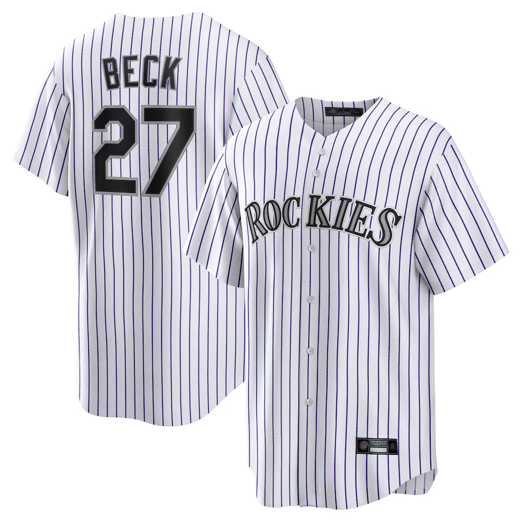 Colorado Rockies #27 Jordan Beck Player White HeidiMiller Game Home Stitched Jerseys