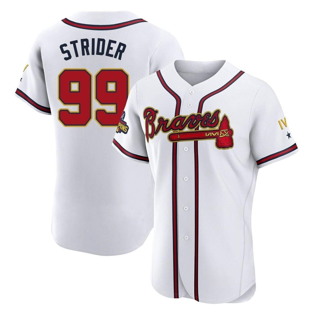 Atlanta Braves #99 Spencer Strider Player White Gold HeidiMiller Limited Elite Home Game Stitched Jerseys