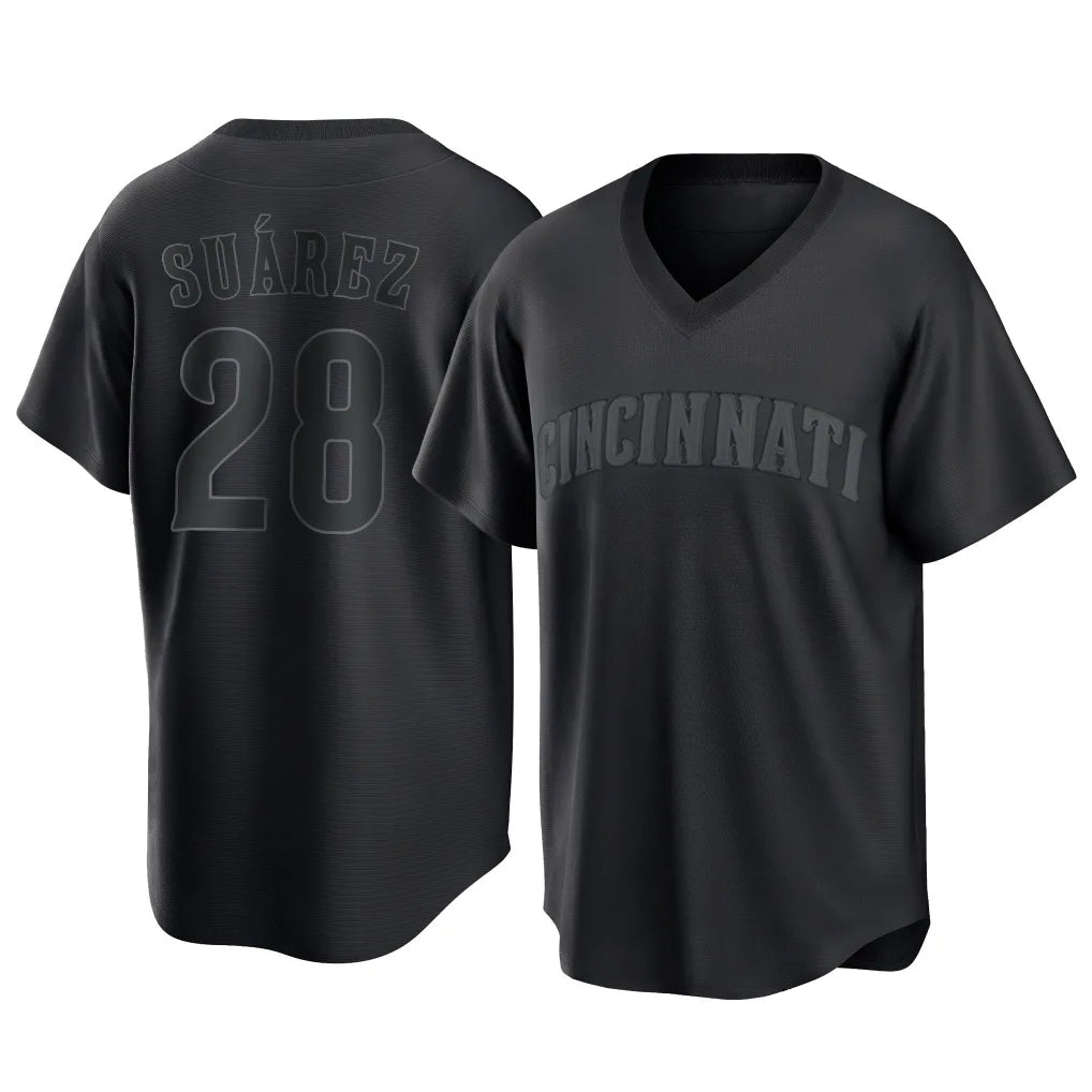 Cincinnati Reds #28 Eugenio Su¨¢rez Player Black HeidiMiller T-shirt Game Home Stitched Jerseys