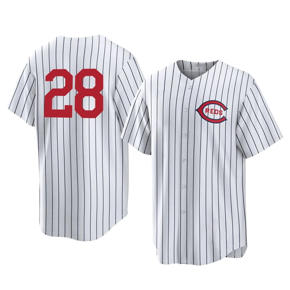 Cincinnati Reds #28 Eugenio Su¨¢rez Player White HeidiMiller Stripe Field of Dreams Game Home Stitched Jerseys