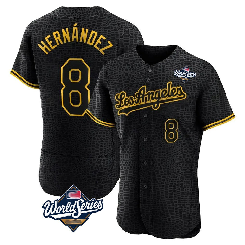 Los Angeles Dodgers #8 Enrique Hern¨¢ndez Player Black HeidiMiller World Series Snake Skin City Limited Elite Home Stitched Jerseys