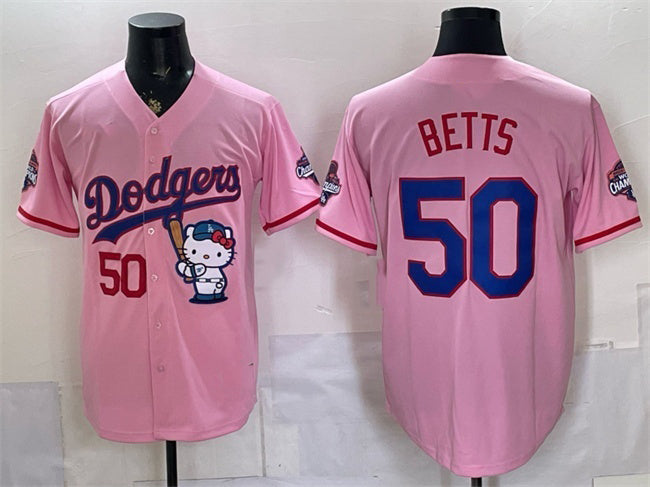 Los Angeles Dodgers #50 Mookie Betts Pink HeidiMiller Hello Kitty Night 2025 World Series Champions Patch Stitched Jersey