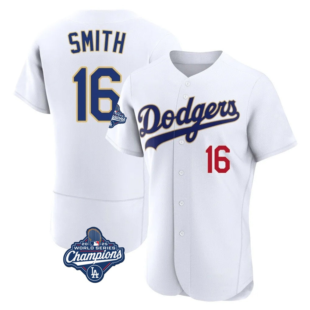 Los Angeles Dodgers #16 Will Smith Player Gold White HeidiMiller World Series Meet 2026 Collection Stadium Limited Elite Stitched Jerseys