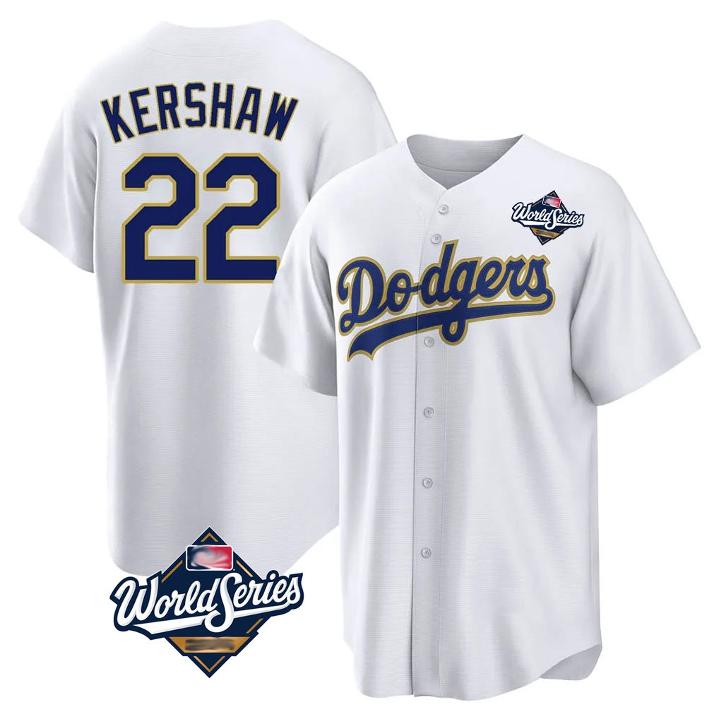 Los Angeles Dodgers #22 Clayton Kershaw Player Gold White HeidiMiller World Series 2026 Collection Stadium Game Stitched Jerseys