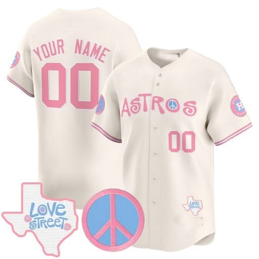 Custom Houston Astros  Love Street & Peace Sign Patch Bubblegum Pink Vapor Premier Limited Jersey ¨C All Stitched-Cream HeidiMiller