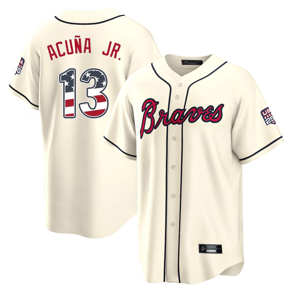 Atlanta Braves #13 Ronald Acuna Jr Player Cream HeidiMiller USA 250 Fourth Of July Limited Home Game Stitched Jerseys
