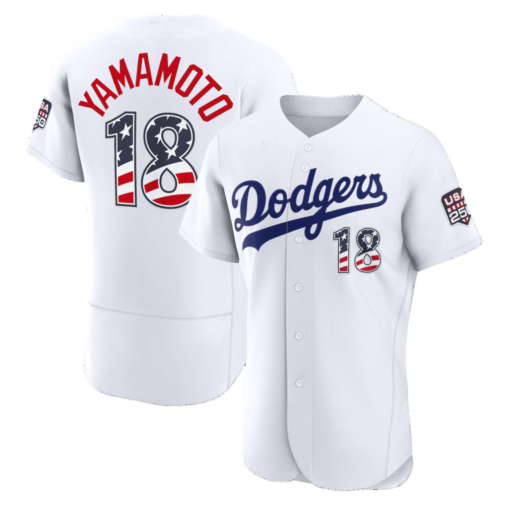 Los Angeles Dodgers #18 Yoshinobu Yamamoto Fourth of July White HeidiMiller USA 250 Authentic Jersey