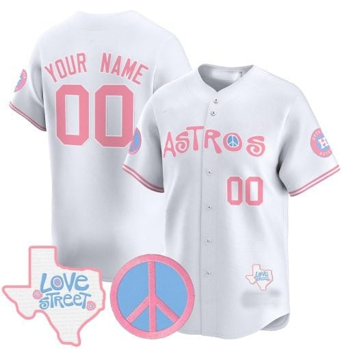 Custom Houston Astros  Love Street & Peace Sign Patch Bubblegum Pink Vapor Premier Limited Jersey ¨C White HeidiMiller