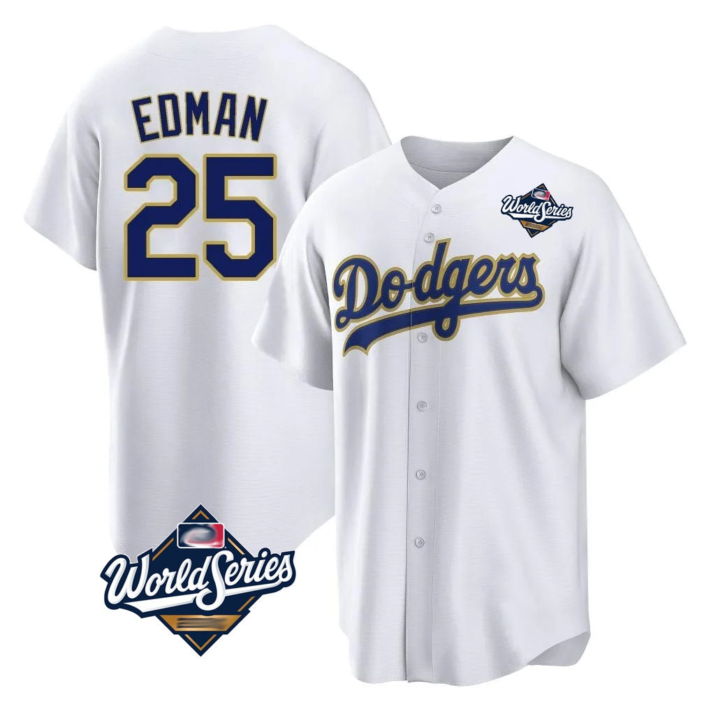 Los Angeles Dodgers #25 Tommy Edman Player Gold White HeidiMiller World Series 2026 Collection Stadium Game Stitched Jerseys