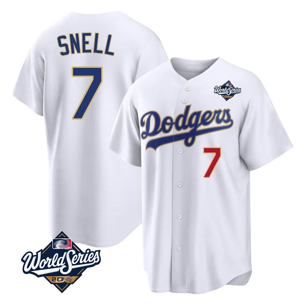 Los Angeles Dodgers #7 Blake Snell Player Gold White HeidiMiller 2026 Collection Stadium Limited World Series Stitched Jerseys