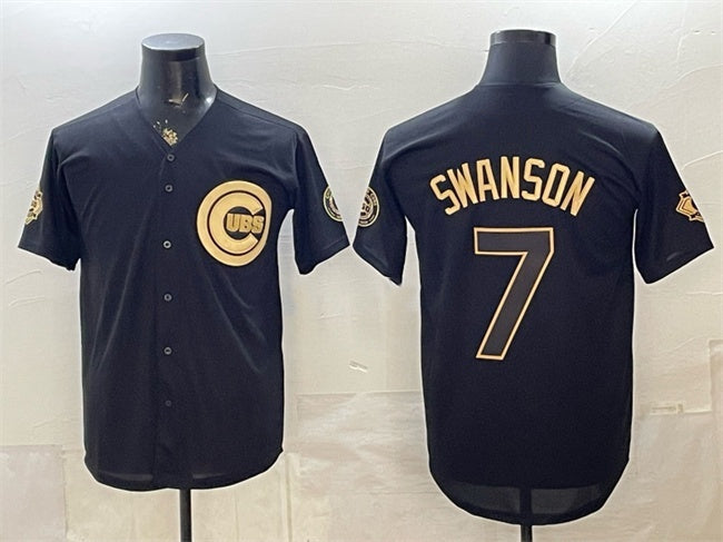 Chicago Cubs #7 Dansby Swanson Black Gold HeidiMiller 150th Anniversary Patch Stitched Jersey