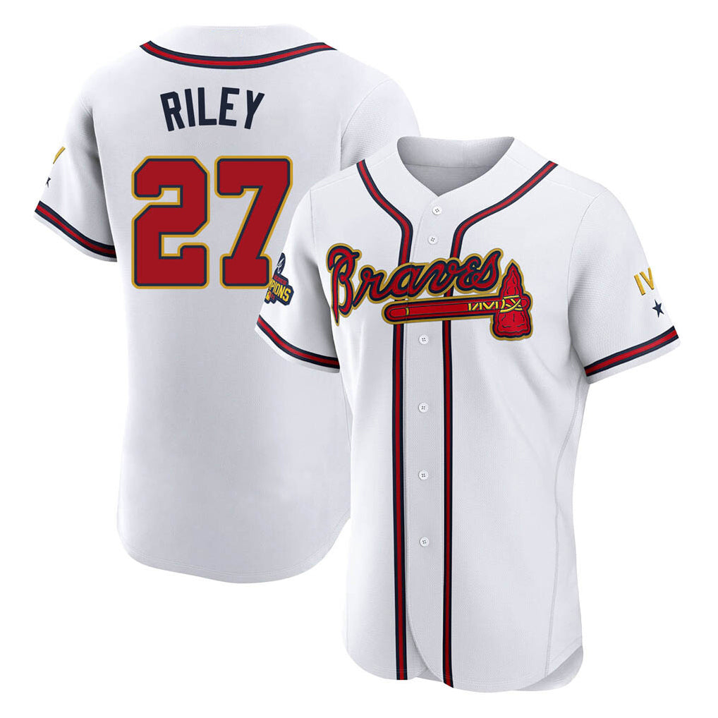 Atlanta Braves #27 Austin Riley Player White Gold HeidiMiller Limited Elite Home Game Stitched Jerseys