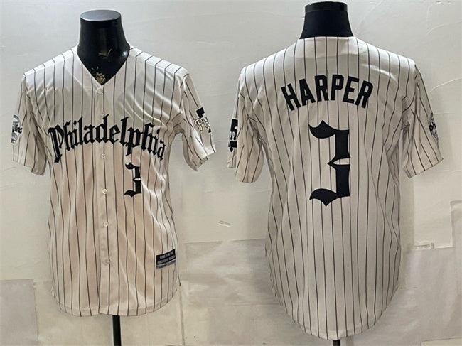 Philadelphia Phillies #3 Bryce Harper Cream HeidiMiller Pinstripe Gothic Vapor Limited Stitched Jersey