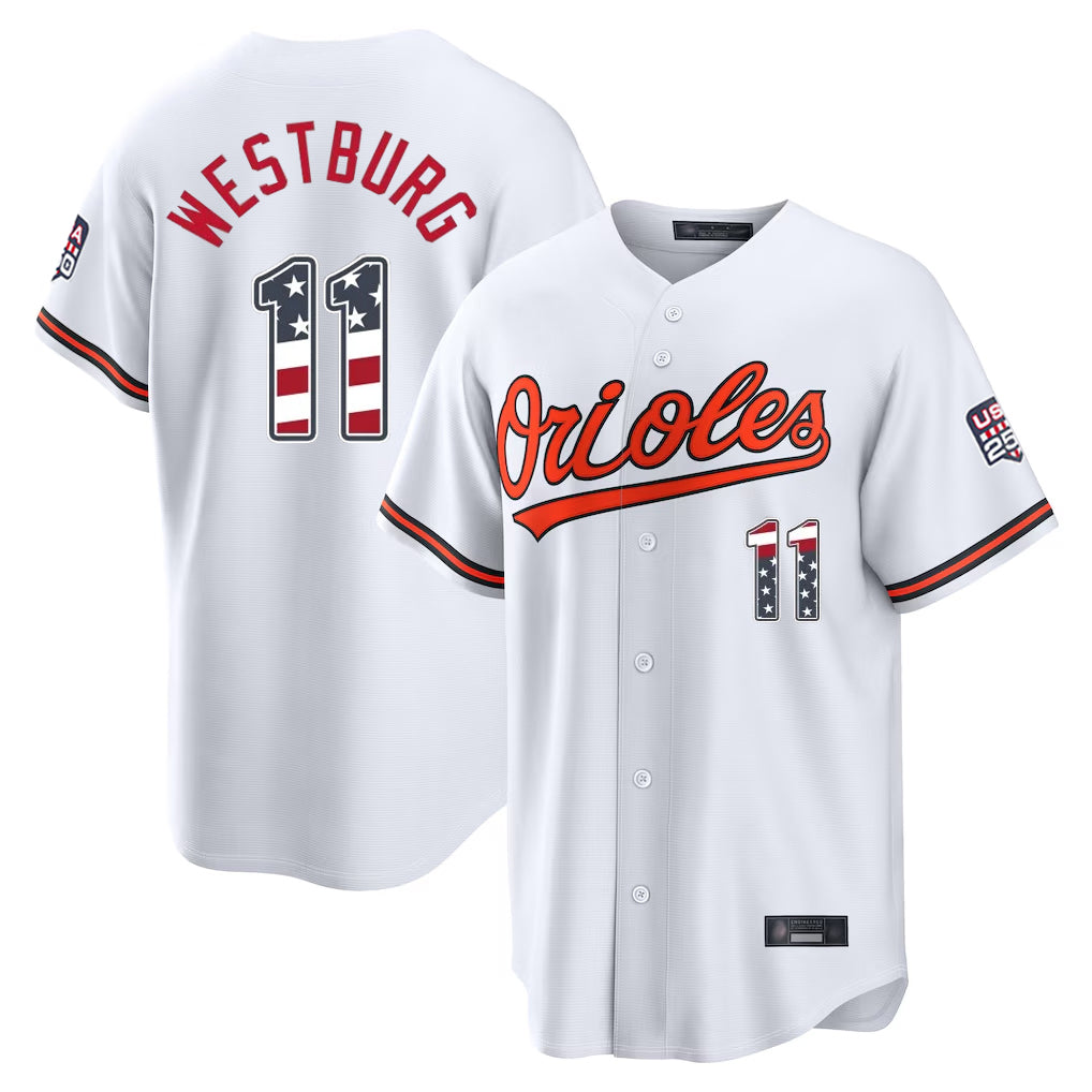 Baltimore Orioles #11 Jordan Westburg Player White HeidiMiller USA 250 Fourth of July Home Game Stitched Jerseys