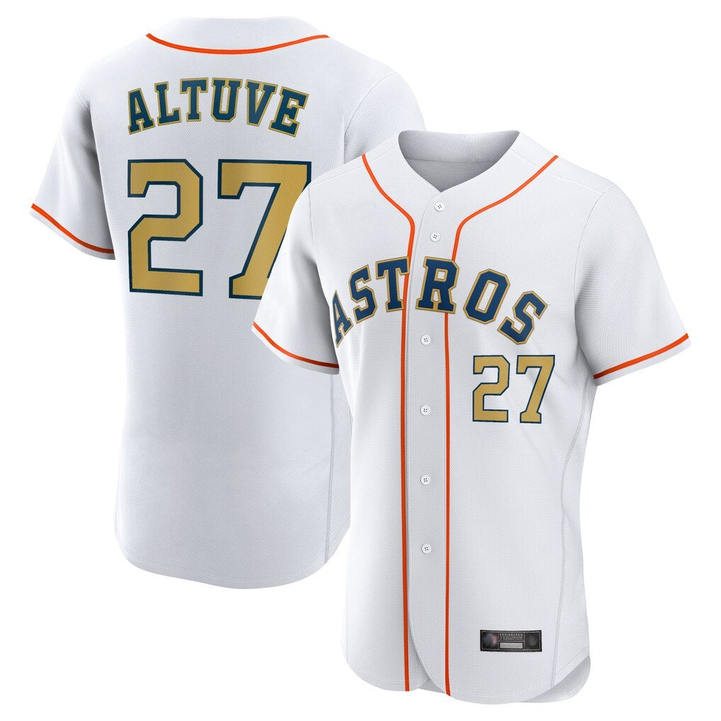 Houston Astros #27 Jose Altuve Player Gold HeidiMiller Collection Limited Elite Home Stitched Jerseys