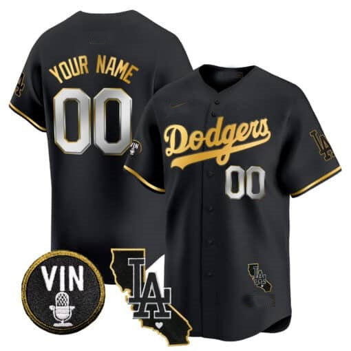 Custom Los Angeles Dodgers Vin & California Patch Gold Trim Vapor Premier Limited Jersey ¨C All Stitched-Black HeidiMiller