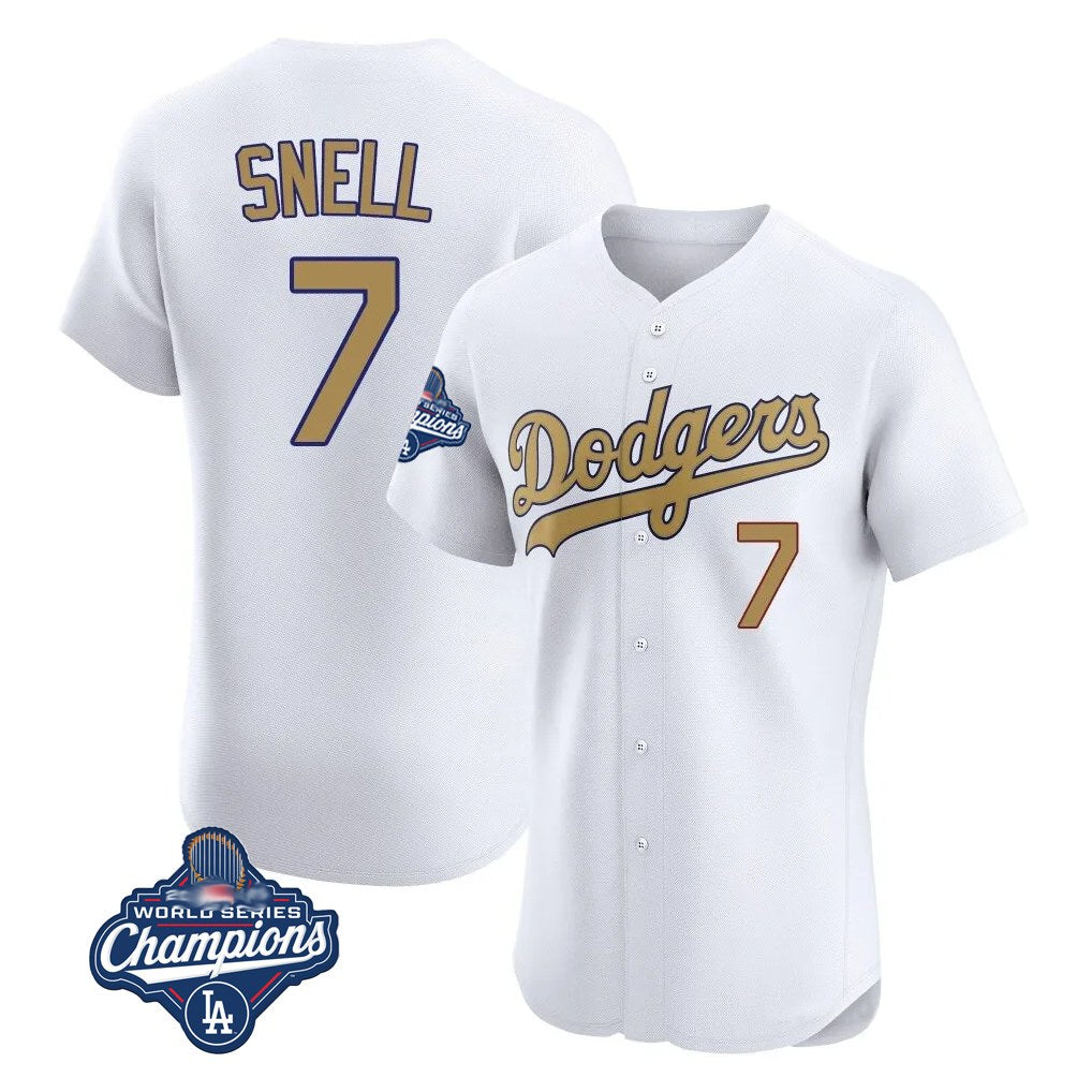 Los Angeles Dodgers #7 Blake Snell Player White Gold HeidiMiller World Series Meet Limited Elite Home Stitched Jerseys
