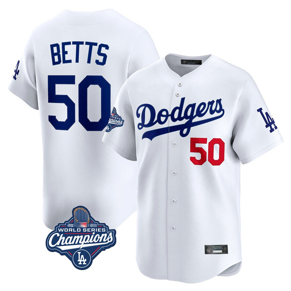 Los Angeles Dodgers #50 Mookie Betts Player White HeidiMiller World Series Meet Limited Home Stitched Jerseys