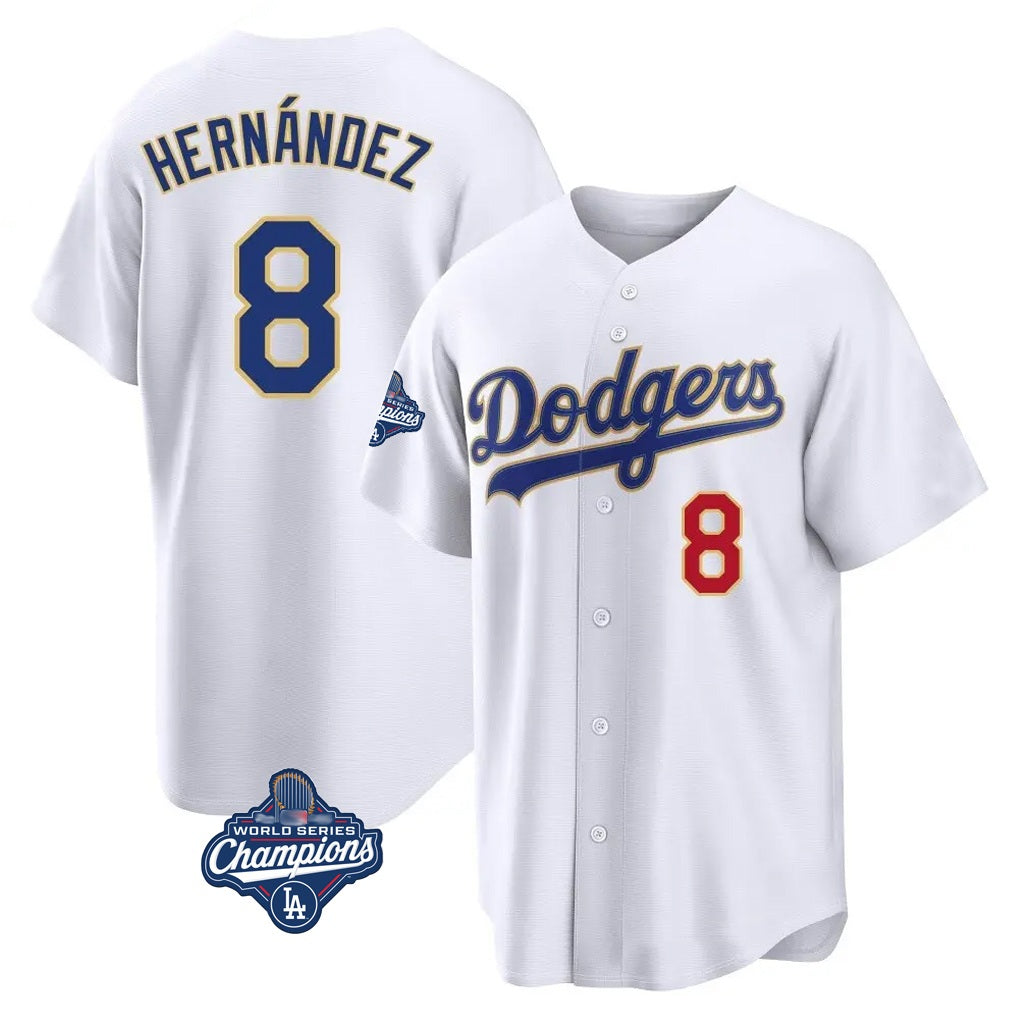 Los Angeles Dodgers #8 Enrique Hern¨¢ndez Player Gold White HeidiMiller World Series Meet 2026 Collection Stadium Limited Stitched Jerseys