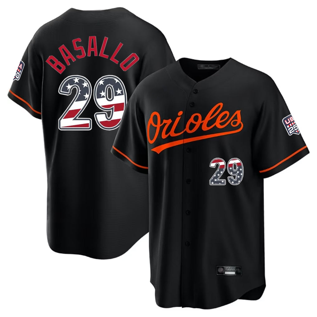 Baltimore Orioles #29 Samuel Basallo Player Black HeidiMiller USA 250 Fourth of July Home Game Stitched Jerseys