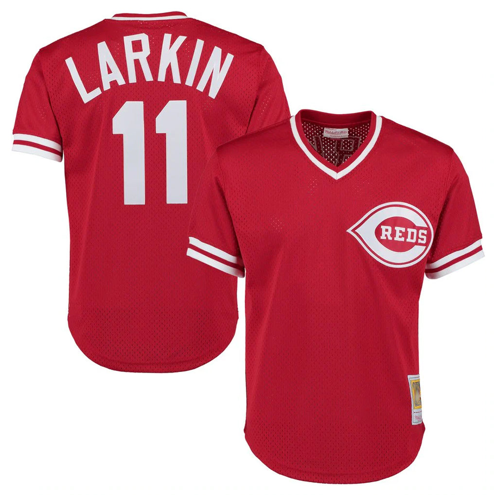 Cincinnati Reds #11 Barry Larkin Player Red HeidiMiller Mitchell & Ness Throwback Cooperstown Mesh T-shirt Game Stitched Jerseys