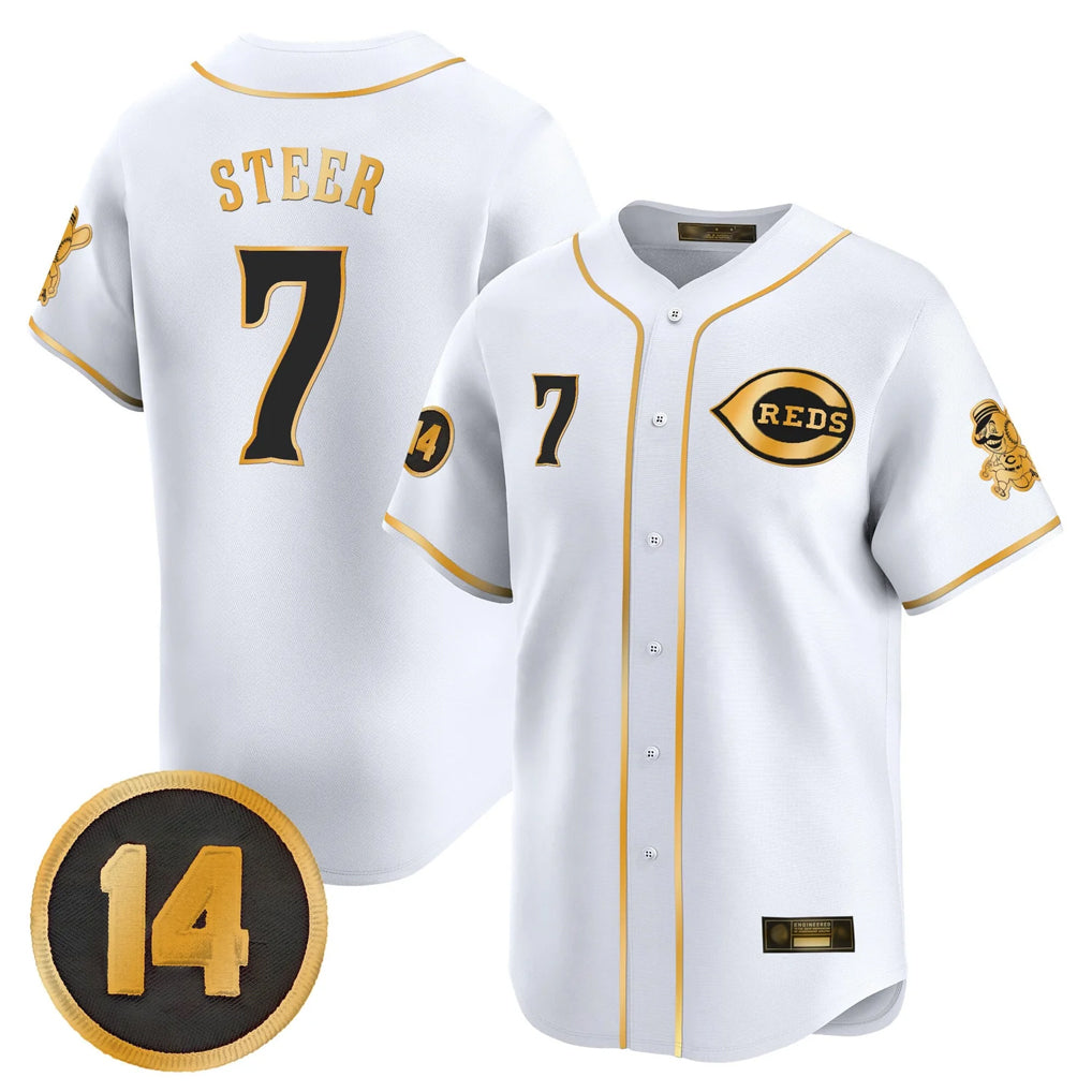 Cincinnati Reds #7 Spencer Steer Player White-Gold HeidiMiller Vapor Premier Limited Home Stitched Jerseys