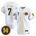 Cincinnati Reds #7 Spencer Steer Player White-Gold HeidiMiller Vapor Premier Limited Home Stitched Jerseys