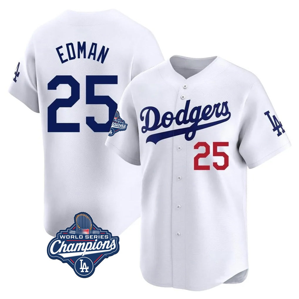 Los Angeles Dodgers #25 Tommy Edman Player White HeidiMiller World Series Meet Limited Home Stitched Jerseys