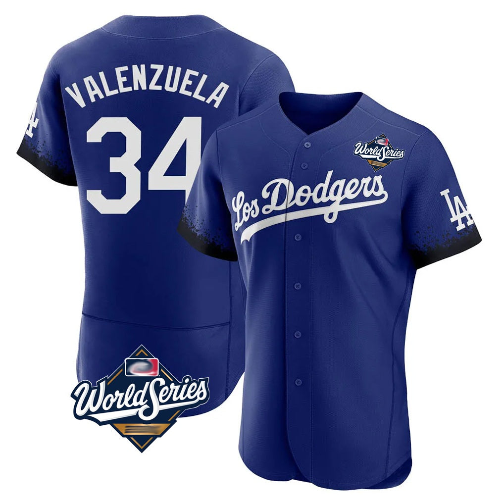 Los Angeles Dodgers #34 Fernando Valenzuela Player Royal HeidiMiller World Series City Connect Elite Home Stitched Jerseys