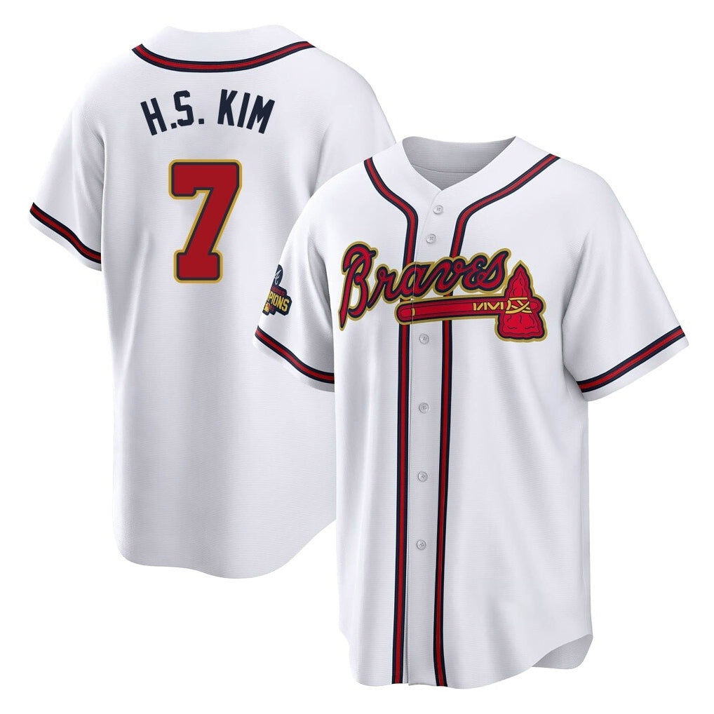 Atlanta Braves #7 Ha-Seong Kim Player White Gold HeidiMiller Home Game Stitched Jerseys
