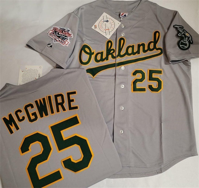 Oakland Athletics #25 Mark McGwire Grey With Green HeidiMiller Elephant & 1989 World Series Patch Battle of the Bay Stitched Jersey