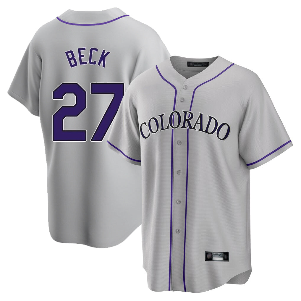 Colorado Rockies #27 Jordan Beck Player Gray HeidiMiller Game Home Stitched Jerseys