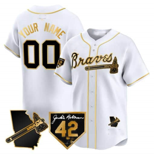 Custom Atlanta Braves 2024 Robinson & Georgia Patch Vapor Premier Limited Jersey ¨C White Gold HeidiMiller