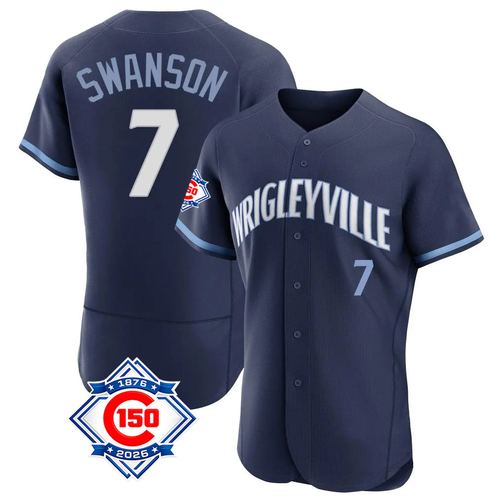 Chicago Cubs #7 Dansby Swanson Player Navy HeidiMiller City Connect 150th Anniversary Limited Elite Home Stitched Jerseys