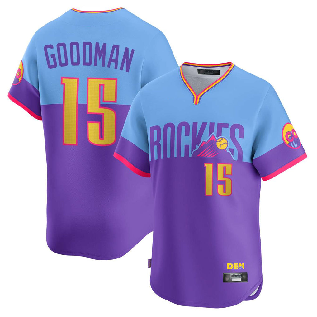 Colorado Rockies #15 Hunter Goodman Player Purple-Light Blue HeidiMiller City Connect Limited Home T-shirt Stitched Jerseys