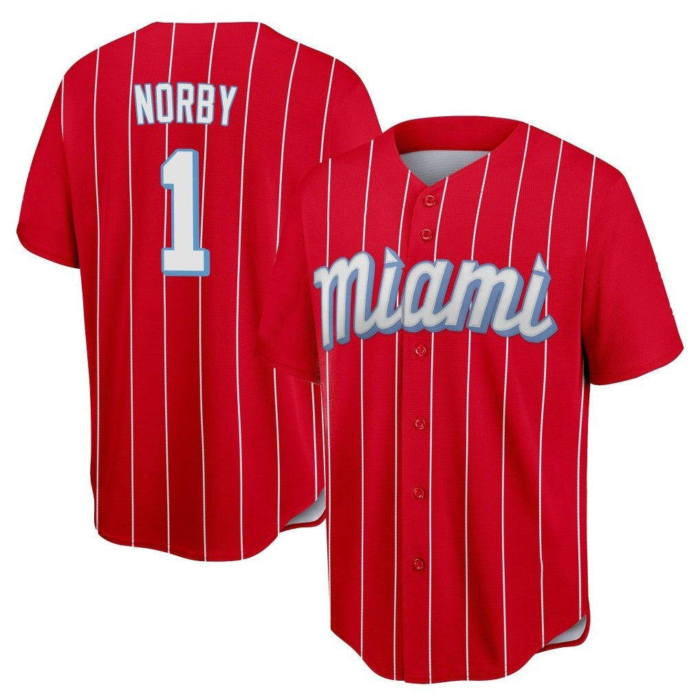 Miami Marlins #1 Connor Norby Player Red HeidiMiller City Connect Home Game Stitched Jerseys