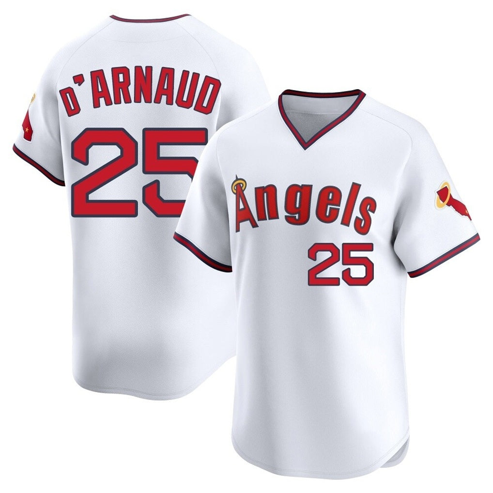 Los Angeles Angels #25 Travis d'Arnaud Player White HeidiMiller T-shirt Home Limited Stitched Jerseys