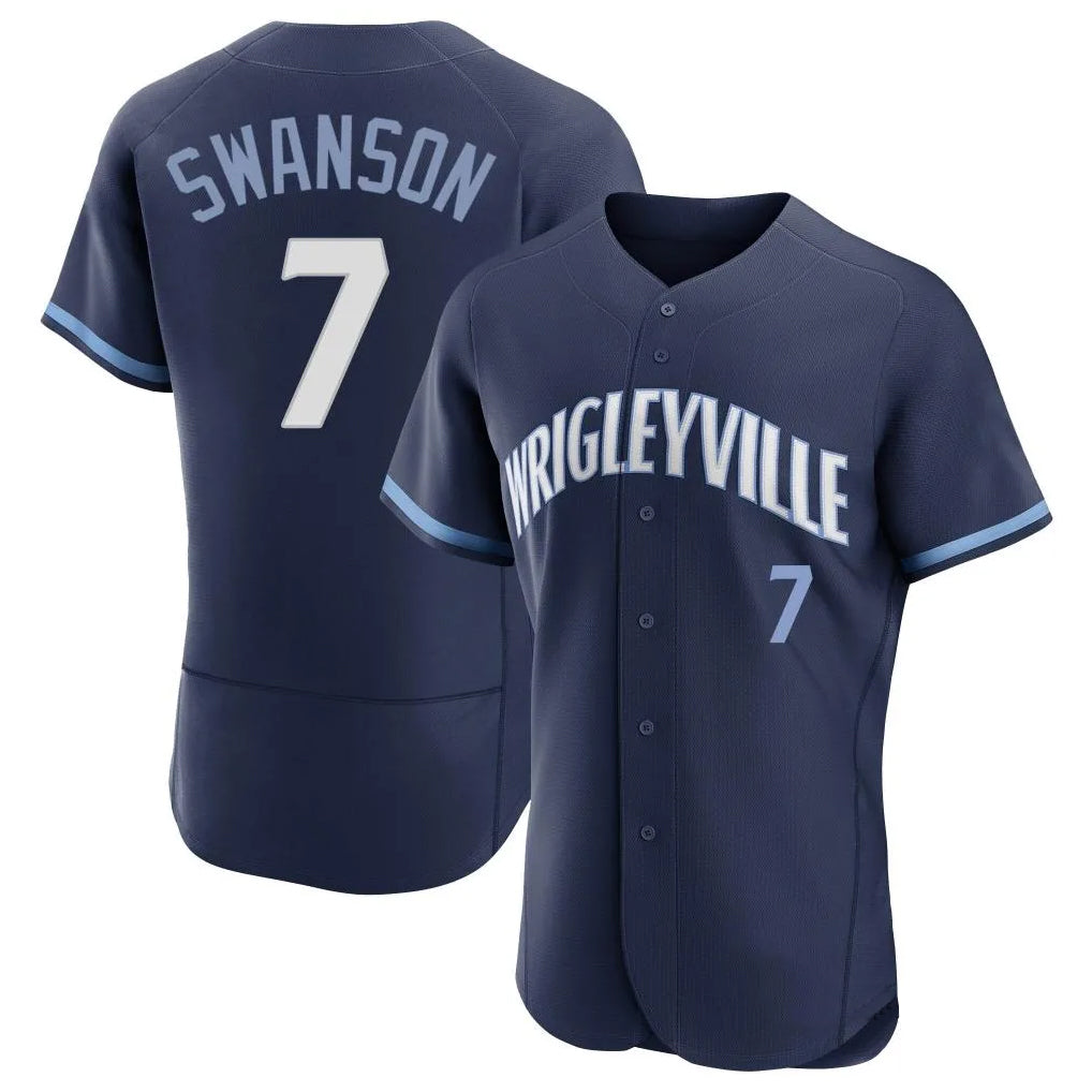 Chicago Cubs #7 Dansby Swanson Player Navy HeidiMiller City Connect Limited Elite Home Stitched Jerseys