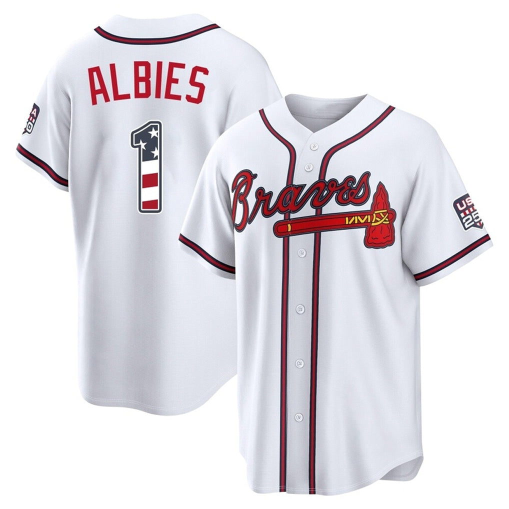 Atlanta Braves #1 Ozzie Albies Player White HeidiMiller USA 250 Fourth Of July Limited Home Game Stitched Jerseys