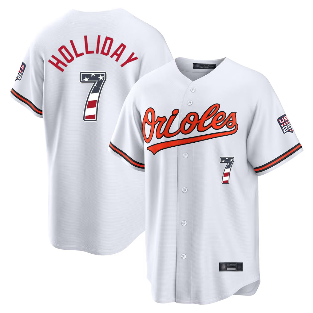 Baltimore Orioles #7 Jackson Holliday Player White HeidiMiller USA 250 Fourth of July Home Game Stitched Jerseys