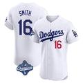 Los Angeles Dodgers #16 Will Smith Player White HeidiMiller World Series Meet Limited Elite Home Stitched Jerseys
