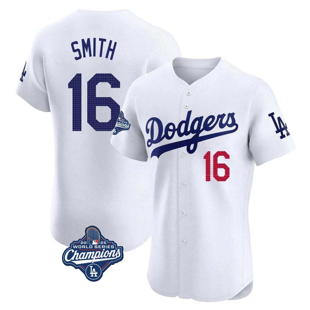 Los Angeles Dodgers #16 Will Smith Player White HeidiMiller World Series Meet Limited Elite Home Stitched Jerseys