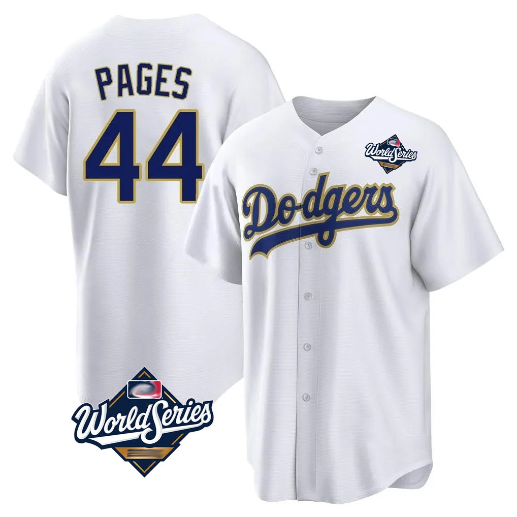 Los Angeles Dodgers #44 Andy Pages Player Gold White HeidiMiller World Series 2026 Collection Stadium Game Stitched Jerseys