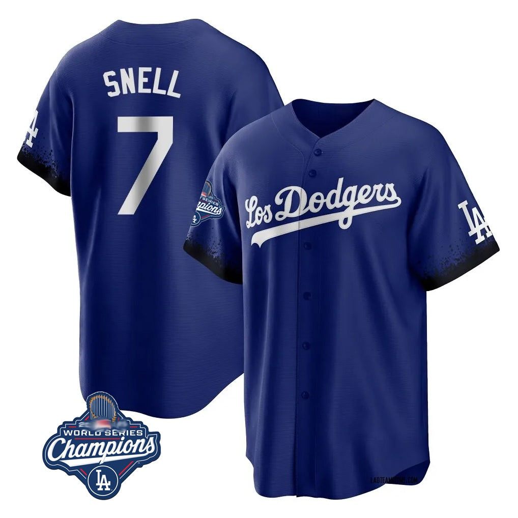 Los Angeles Dodgers #7 Blake Snell Player Royal HeidiMiller City Connect Game World Series Meet Stitched Jerseys