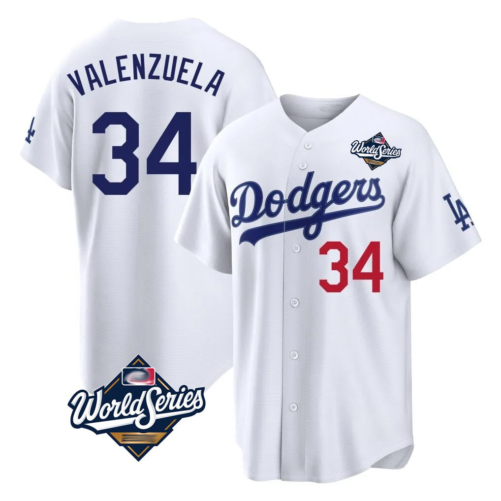 Los Angeles Dodgers #34 Fernando Valenzuela Player White HeidiMiller World Series Home Game Stitched Jerseys